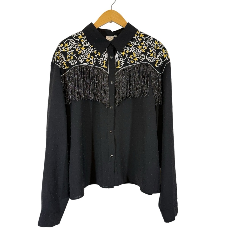G&E Grace & Emma Women's Western Shirt LS Black Fringe Swiss‎ Dot Embroidered 3X